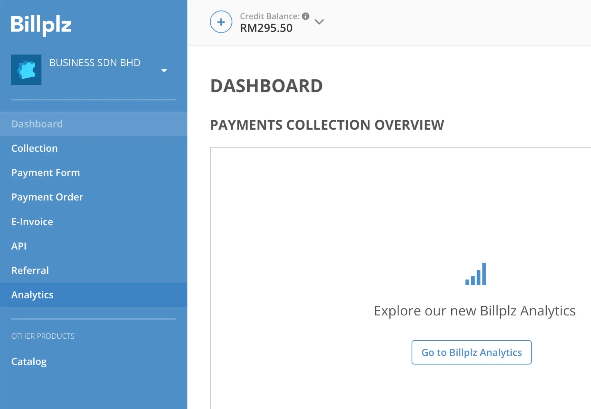 Billplz Dashboard - Navigating to the left sidebar menu to click the Analytics button link
