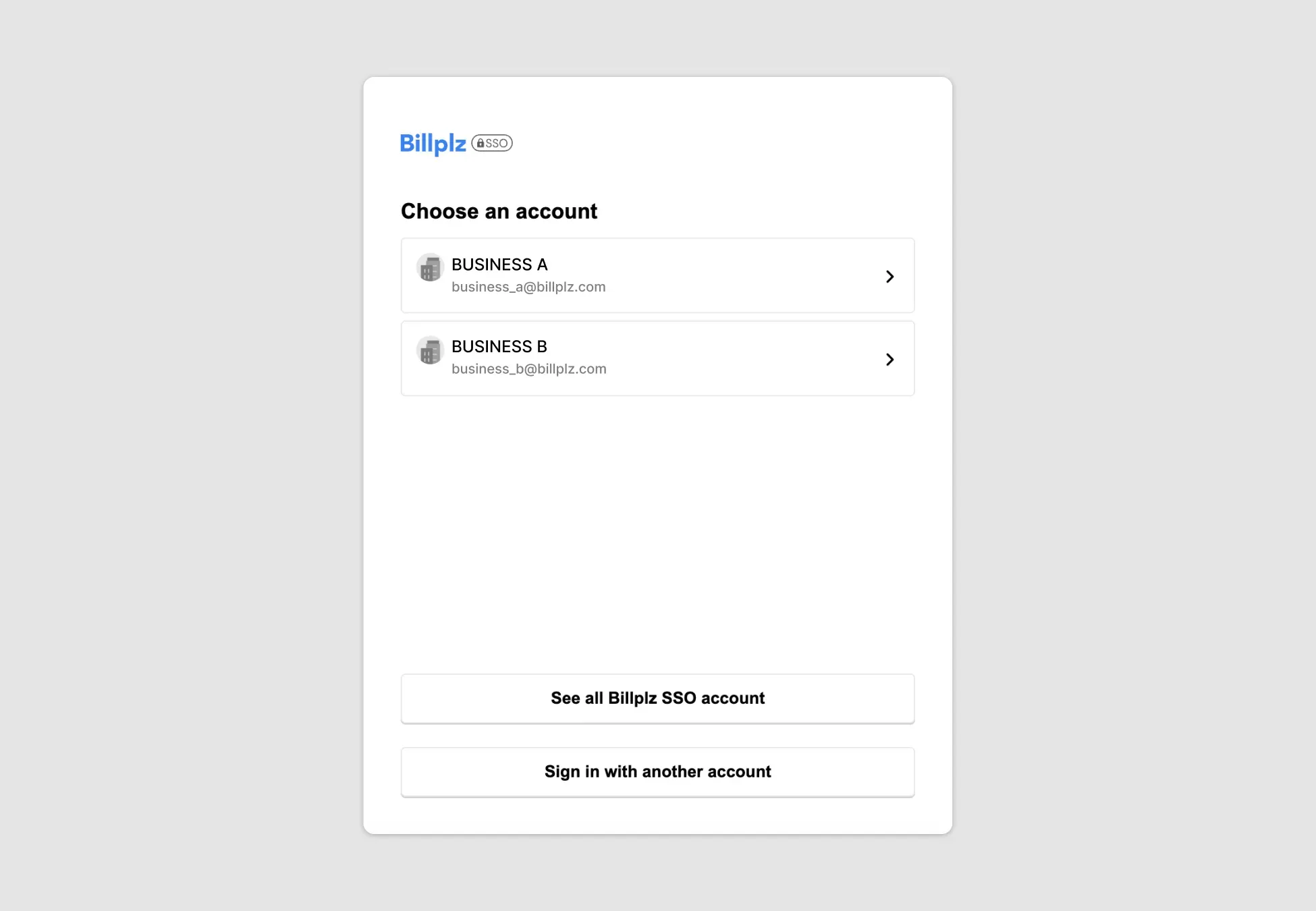 Billplz SSO Account Chooser - Verification portal displaying an interactive list of registered business organizations to view.