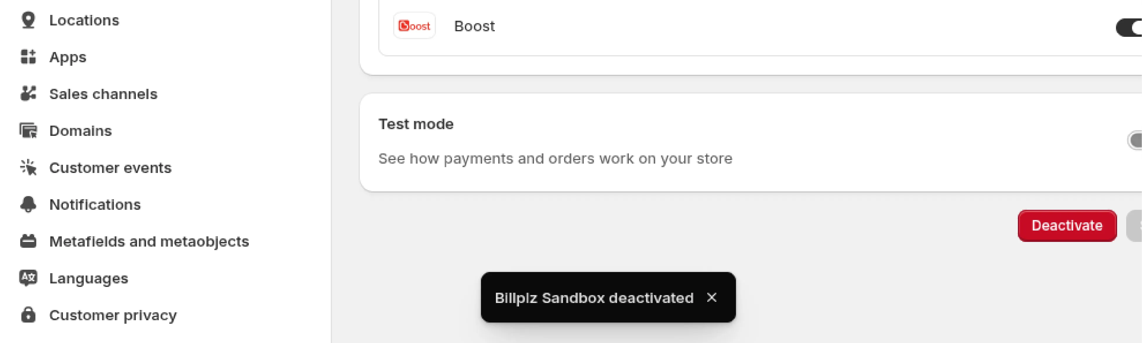 Billplz deactivated with confirmation toast and Uninstall button visible