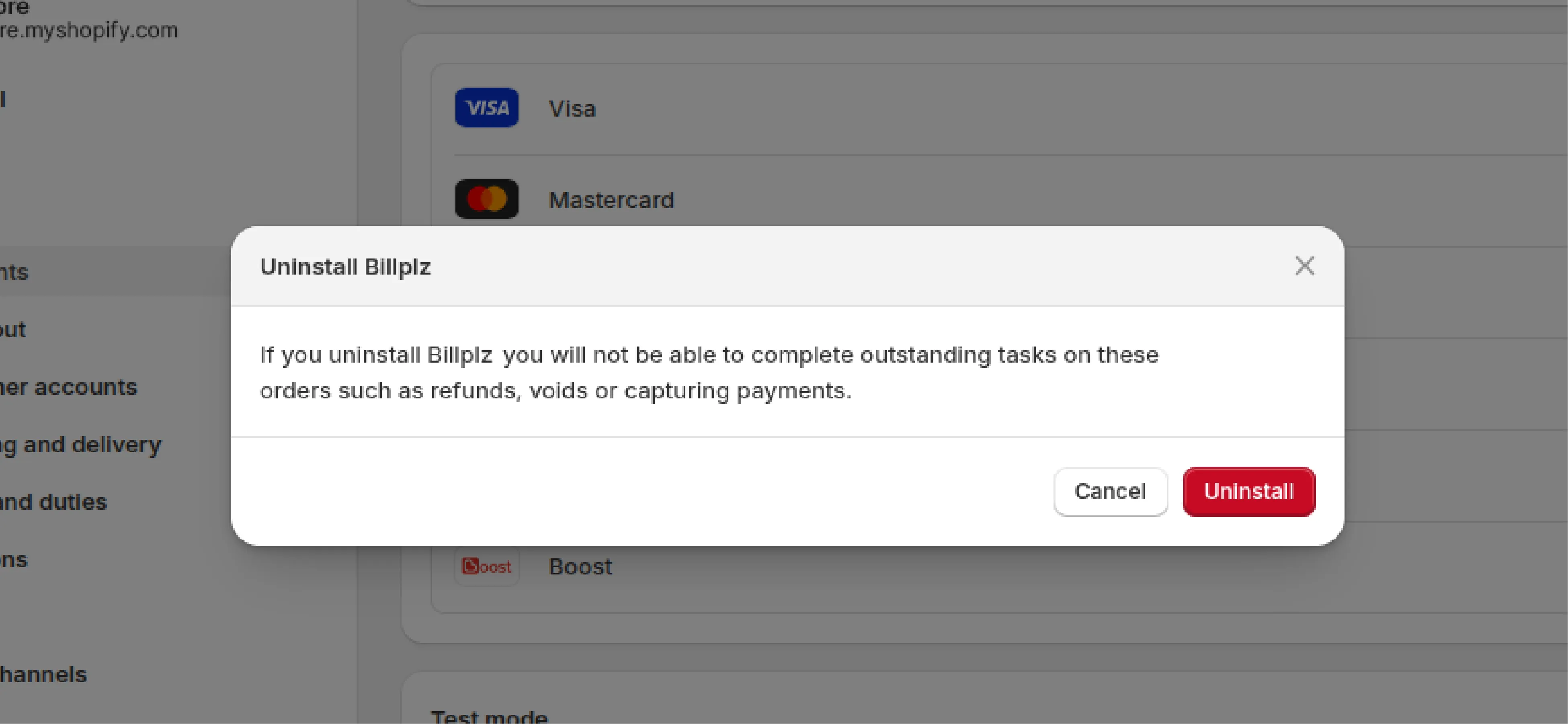 Uninstall confirmation dialog with Cancel and Uninstall buttons